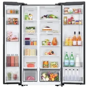 he Samsung RS57DG4000M9 583L Side by Side Refrigerator with Digital Inverter Compressor, No Frost cooling, Power Cool, Power Freeze, Wi-Fi SmartThings and a premium silver finish.